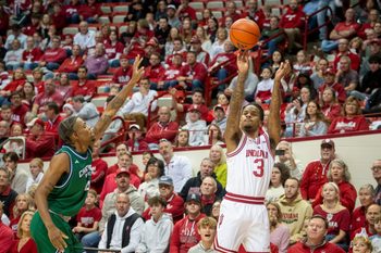 Indiana's Lamar Wilkerson (3) makes a three-pointer during the Indiana versus Chicago State men's basketball game at Simon Skjodt Assembly Hall on Saturday, Dec. 20, 2025.