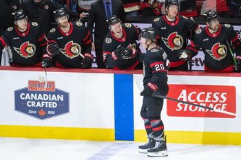 Dec 20, 2025; Ottawa, Ontario, CAN; Ottawa Senators left wing Fabian Zetterlund (20) celebrates with team his goal scored in the third period against the Chicago Blackhawks at the Canadian Tire Centre. Mandatory Credit: Marc DesRosiers-IMAGN Images