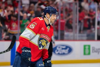 Dec 20, 2025; Sunrise, Florida, USA; Florida Panthers center Sam Reinhart (13) looks on after scoring against the St. Louis Blues during the second period at Amerant Bank Arena. Mandatory Credit: Sam Navarro-Imagn Images
