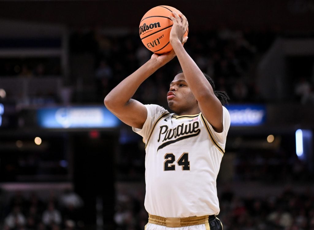 Dec 20, 2025; Indianapolis, Indiana, USA; Purdue Boilermakers guard Gicarri Harris (24) shoots the ball during the second half against the Auburn Tigers at Gainbridge Fieldhouse. Mandatory Credit: Robert Goddin-Imagn Images