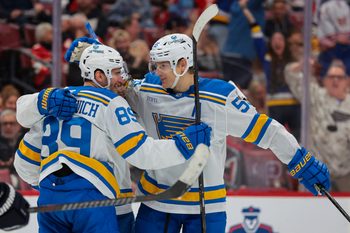 Dec 20, 2025; Sunrise, Florida, USA; St. Louis Blues left wing Pavel Buchnevich (89) and defenseman Colton Parayko (55) celebrate after a goal by center Robert Thomas (not pictured) against the Florida Panthers during the third period at Amerant Bank Arena. Mandatory Credit: Sam Navarro-Imagn Images