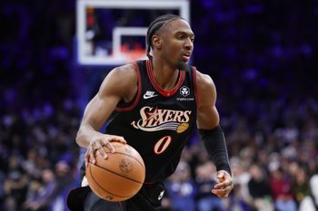 Dec 20, 2025; Philadelphia, Pennsylvania, USA; Philadelphia 76ers guard Tyrese Maxey (0) dribbles the ball against the Dallas Mavericks during the fourth quarter at Xfinity Mobile Arena. Mandatory Credit: Bill Streicher-Imagn Images