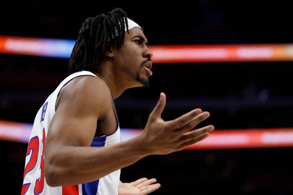 Dec 20, 2025; Detroit, Michigan, USA; Detroit Pistons guard Jaden Ivey (23) reacts in the second half against the Charlotte Hornets at Little Caesars Arena. Mandatory Credit: Rick Osentoski-Imagn Images