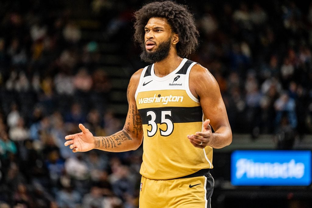 Dec 20, 2025; Memphis, Tennessee, USA; Washington Wizards Forward Marvin Bagley III (35) questions the foul call made against him in the third quarter against the Memphis Grizzlies at FedExForum. Mandatory Credit: Matthew Smith-Imagn Images