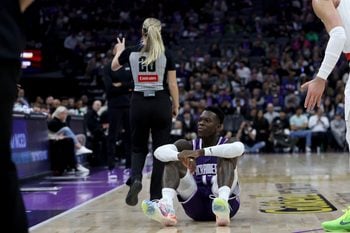Dec 20, 2025; Sacramento, California, USA; Sacramento Kings guard Dennis Schroder (17) reacts after getting fouled against the Portland Trail Blazers during the third quarter at Golden 1 Center. Mandatory Credit: Dennis Lee-Imagn Images