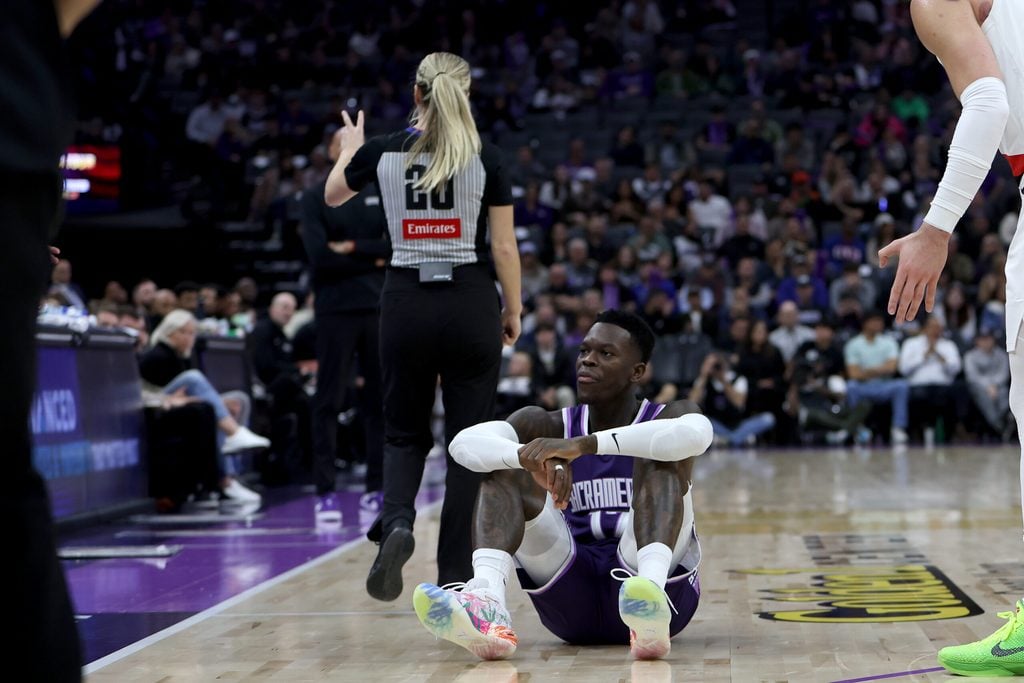 Dec 20, 2025; Sacramento, California, USA; Sacramento Kings guard Dennis Schroder (17) reacts after getting fouled against the Portland Trail Blazers during the third quarter at Golden 1 Center. Mandatory Credit: Dennis Lee-Imagn Images