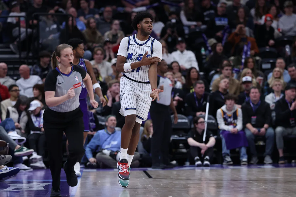 Dec 20, 2025; Salt Lake City, Utah, USA; Orlando Magic guard Jase Richardson (11) reacts after a shot against the Utah Jazz during the second half at Delta Center. Mandatory Credit: Rob Gray-Imagn Images
