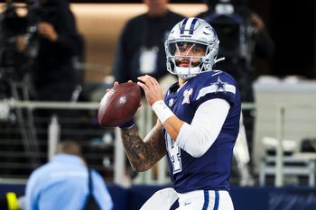 Dec 21, 2025; Arlington, Texas, USA; Dallas Cowboys quarterback Dak Prescott (4) participates in pregame warmups against the Los Angeles Chargers at AT&T Stadium. Mandatory Credit: Kevin Jairaj-Imagn Images