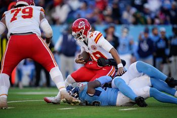 Kansas City Chiefs quarterback Chris Oladokun (19) is sacked during the fourth quarter against the Tennessee Titans at Nissan Stadium in Nashville, Tenn., Sunday, Dec. 21, 2025.