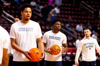 The Penn State Nittany Lions men's basketball team warmps up ahead of their game against Pittsburgh inside the Giant Center in Hershey, Pa. on Dec. 21, 2025.