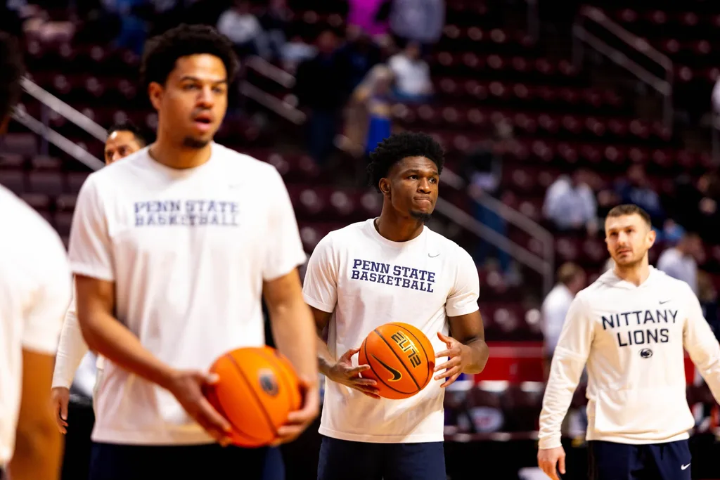 The Penn State Nittany Lions men's basketball team warmps up ahead of their game against Pittsburgh inside the Giant Center in Hershey, Pa. on Dec. 21, 2025.