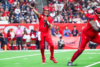Dec 21, 2025; Houston, Texas, USA; Houston Texans quarterback C.J. Stroud (7) passes against the Las Vegas Raiders during the first quarter at NRG Stadium. Mandatory Credit: Troy Taormina-Imagn Images