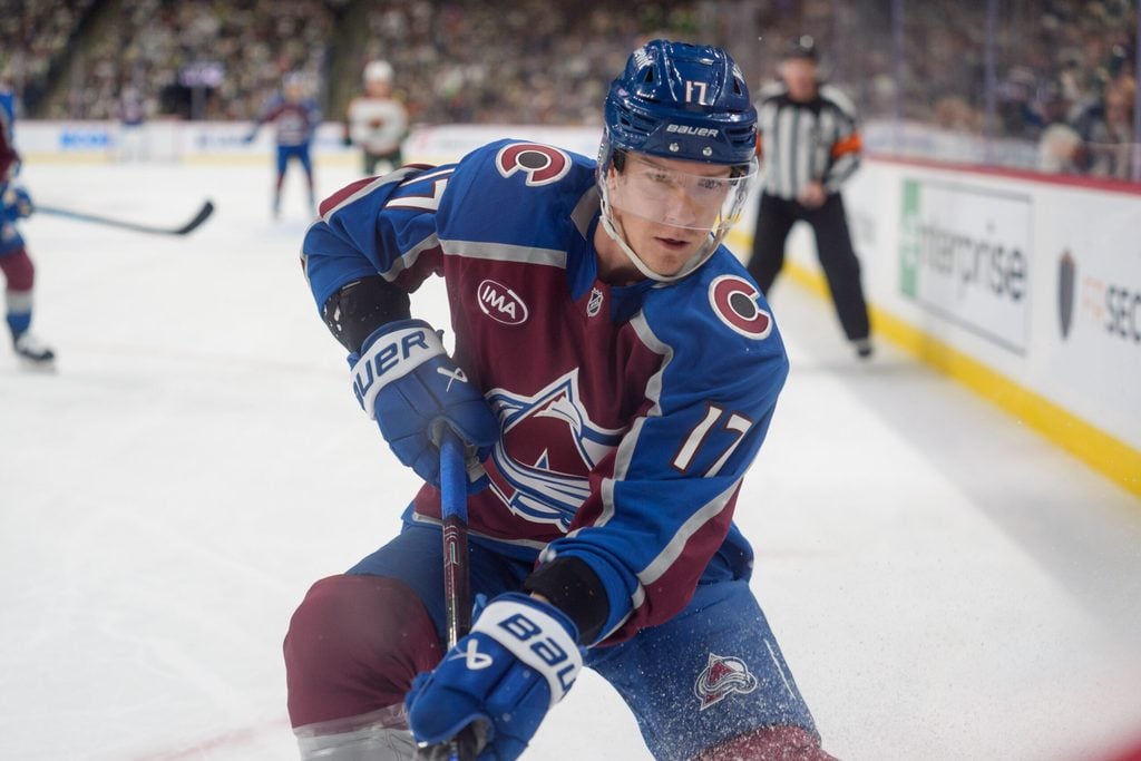 Dec 21, 2025; Saint Paul, Minnesota, USA; Colorado Avalanche center Parker Kelly (17) plays the puck in the corner against the Minnesota Wild in the first period at Grand Casino Arena. Mandatory Credit: Matt Blewett-Imagn Images