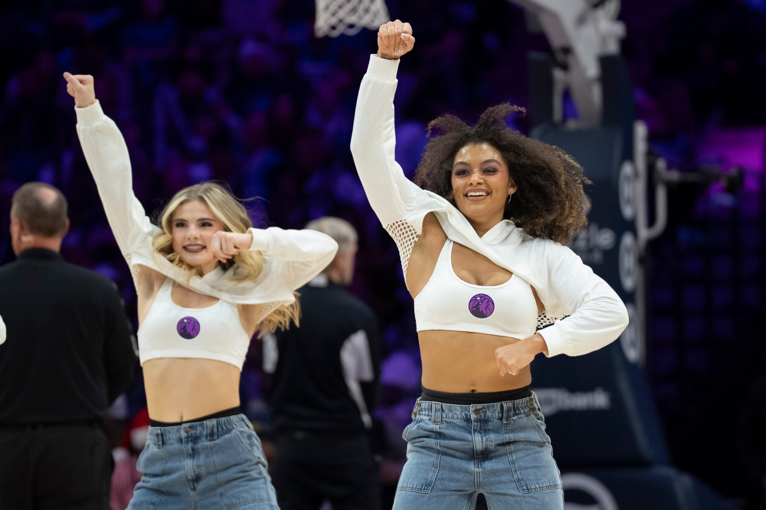 Dec 21, 2025; Minneapolis, Minnesota, USA; Minnesota Timberwolves dancer performs against the Milwaukee Bucks in the second half at Target Center. Mandatory Credit: Jesse Johnson-Imagn Images