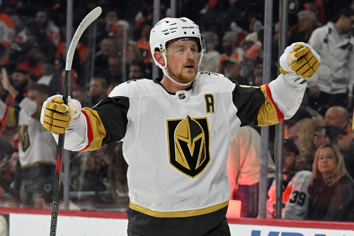 Dec 11, 2025; Philadelphia, Pennsylvania, USA; Vegas Golden Knights center Jack Eichel (9) against the Philadelphia Flyers at Xfinity Mobile Arena. Mandatory Credit: Eric Hartline-Imagn Images