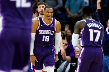 Dec 21, 2025; Sacramento, California, USA; Sacramento Kings guard Russell Westbrook (18) celebrates after scoring a basket during the fourth quarter against the Houston Rockets at Golden 1 Center. Mandatory Credit: Sergio Estrada-Imagn Images