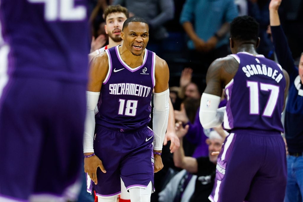 Dec 21, 2025; Sacramento, California, USA; Sacramento Kings guard Russell Westbrook (18) celebrates after scoring a basket during the fourth quarter against the Houston Rockets at Golden 1 Center. Mandatory Credit: Sergio Estrada-Imagn Images