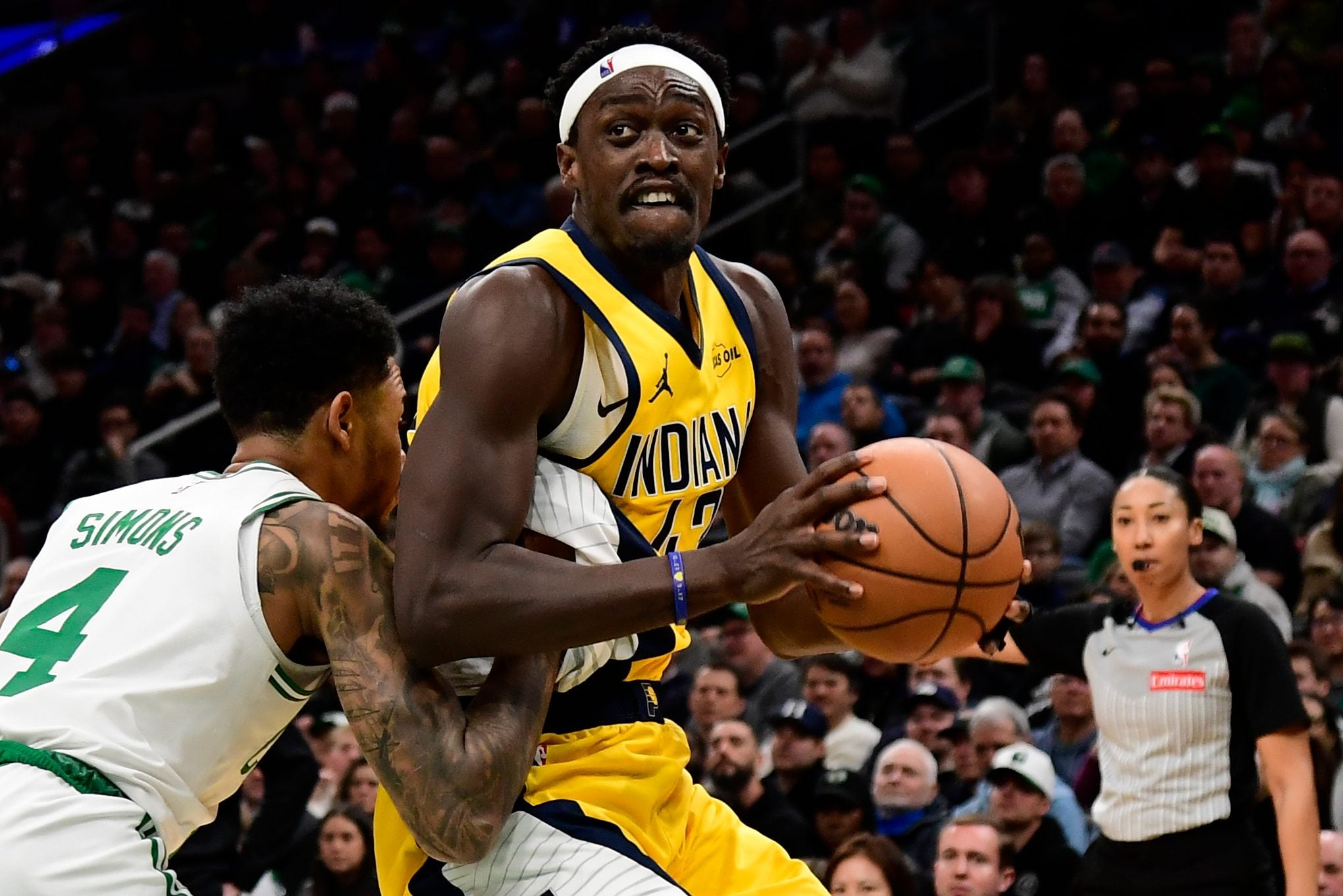 Dec 22, 2025; Boston, Massachusetts, USA; Indiana Pacers forward Pascal Siakam (43) controls the ball while Indiana Pacers guard Taelon Peter (4) defends during the second half at TD Garden. Mandatory Credit: Bob DeChiara-Imagn Images