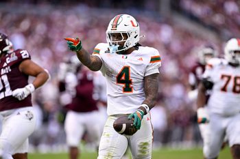 Dec 20, 2025; College Station, TX, USA; Miami Hurricanes running back Mark Fletcher Jr. (4) celebrates during the game between the Aggies and the Hurricanes at Kyle Field. Mandatory Credit: Jerome Miron-Imagn Images