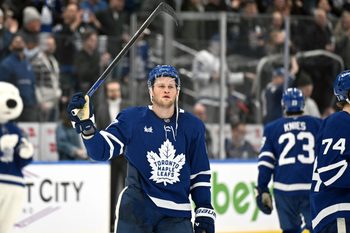 Dec 23, 2025; Toronto, Ontario, CAN;  Toronto Maple Leafs forward Stephen Lorentz (18) salutes fans after a win over the Pittsburgh Penguins at Scotiabank Arena. Mandatory Credit: Dan Hamilton-Imagn Images