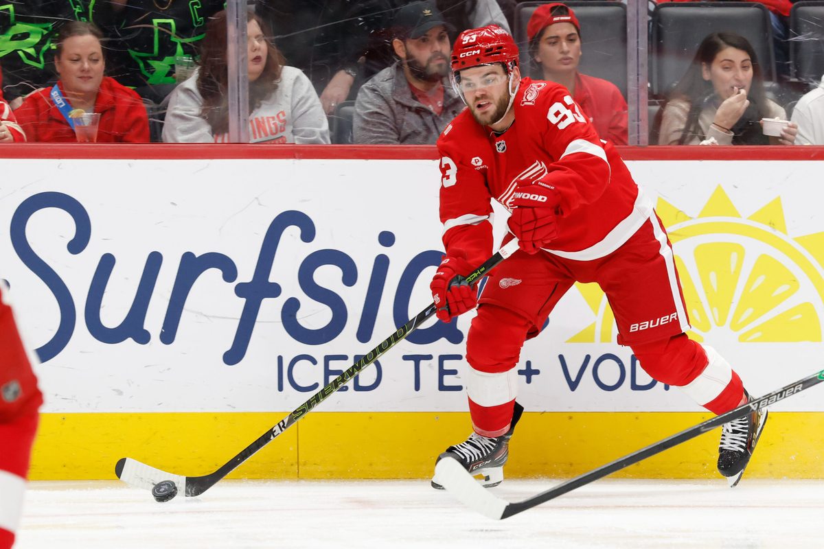 Dec 23, 2025; Detroit, Michigan, USA; Detroit Red Wings right wing Alex Debrincat (93) skates with the puck in the third period against the Dallas Stars at Little Caesars Arena. Mandatory Credit: Rick Osentoski-Imagn Images