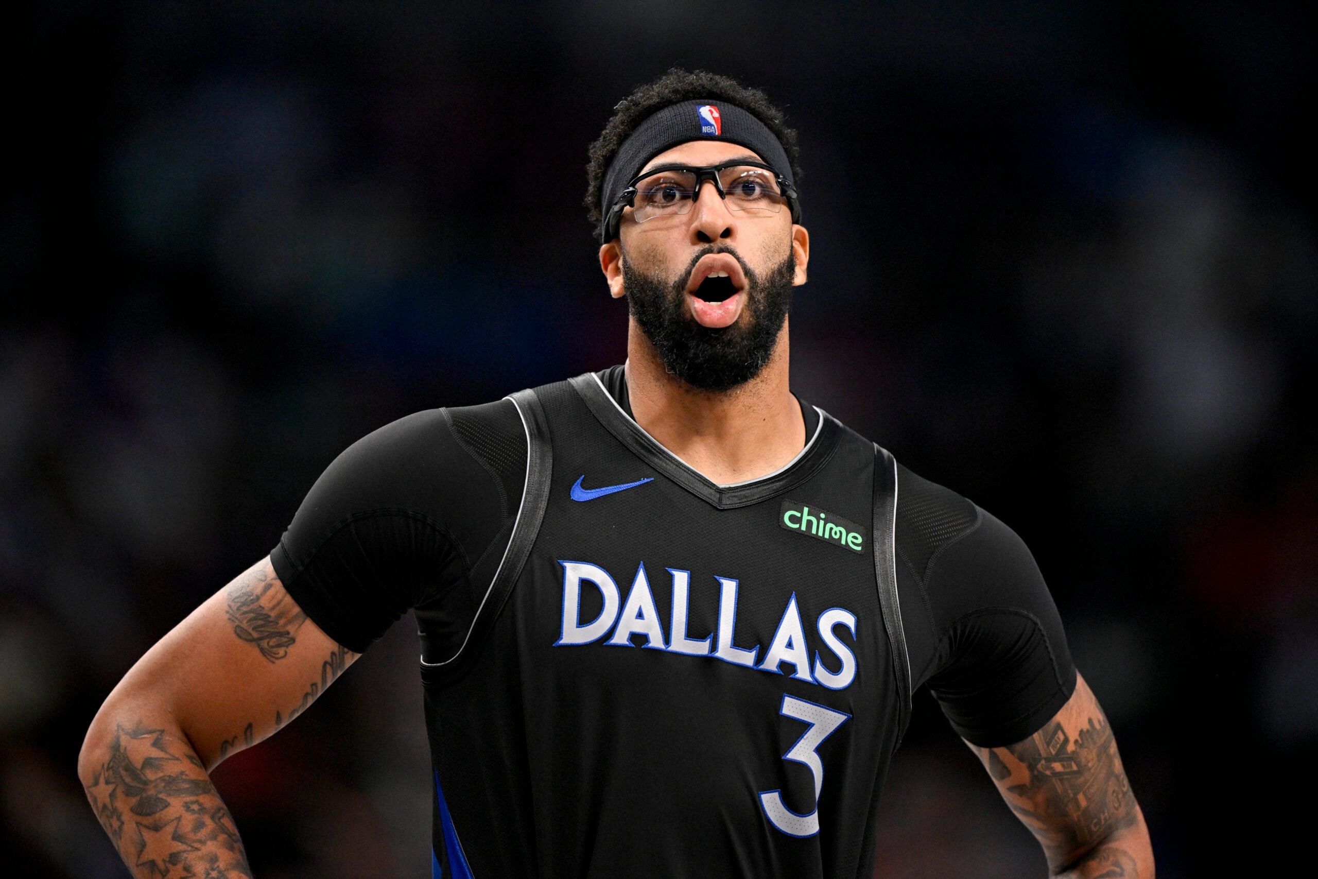 Dec 23, 2025; Dallas, Texas, USA; Dallas Mavericks forward Anthony Davis (3) looks on during the second half against the Denver Nuggets at the American Airlines Center. Mandatory Credit: Jerome Miron-Imagn Images