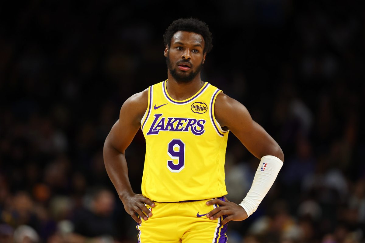 Dec 23, 2025; Phoenix, Arizona, USA; Los Angeles Lakers guard Bronny James (9) against the Phoenix Suns in the second half at Mortgage Matchup Center. Mandatory Credit: Mark J. Rebilas-Imagn Images