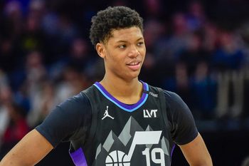 Dec 23, 2025; Salt Lake City, Utah, USA; Utah Jazz forward Ace Bailey (19) reacts to a call during the second half against the Memphis Grizzlies at Delta Center. Mandatory Credit: Peter Creveling-Imagn Images