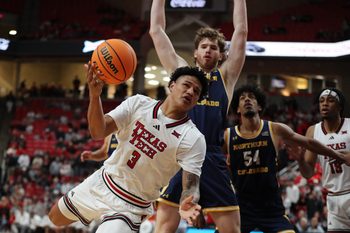 Dec 16, 2025; Lubbock, Texas, USA;  Texas Tech Red Raiders forward LeJuan Watts (3) falls in the first half against the Northern Colorado Bears at United Supermarkets Arena. Mandatory Credit: Michael C. Johnson-Imagn Images