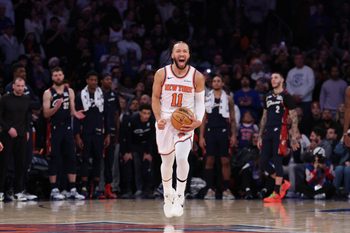 Dec 25, 2025; New York, New York, USA; New York Knicks guard Jalen Brunson (11) reacts during the fourth quarter against the Cleveland Cavaliers at Madison Square Garden. Mandatory Credit: Vincent Carchietta-Imagn Images