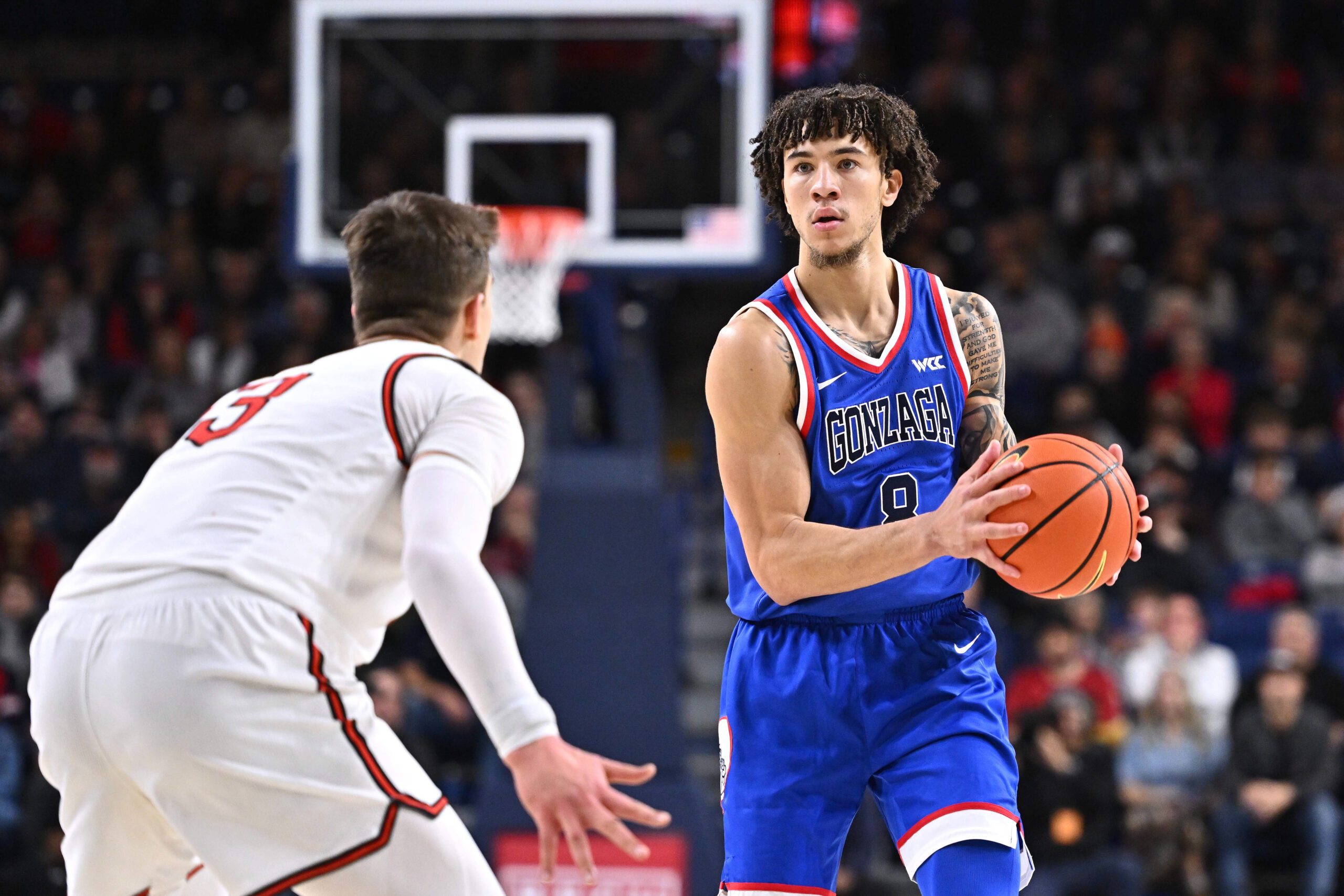 Dec 17, 2025; Spokane, Washington, USA; Gonzaga Bulldogs guard Jalen Warley (8) controls the ball against the Campbell Fighting Camels in the second half at McCarthey Athletic Center. Mandatory Credit: James Snook-Imagn Images