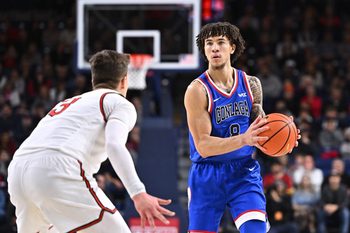 Dec 17, 2025; Spokane, Washington, USA; Gonzaga Bulldogs guard Jalen Warley (8) controls the ball against the Campbell Fighting Camels in the second half at McCarthey Athletic Center. Mandatory Credit: James Snook-Imagn Images