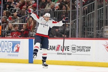 Dec 27, 2025; Newark, New Jersey, USA; Washington Capitals defenseman Jakob Chychrun (6) celebrates his game winning goal against the New Jersey Devils in overtime at Prudential Center. Mandatory Credit: Ed Mulholland-Imagn Images