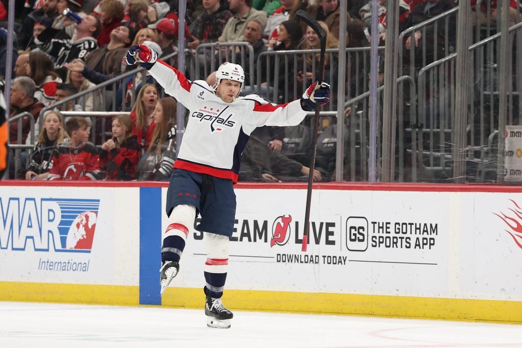 Dec 27, 2025; Newark, New Jersey, USA; Washington Capitals defenseman Jakob Chychrun (6) celebrates his game winning goal against the New Jersey Devils in overtime at Prudential Center. Mandatory Credit: Ed Mulholland-Imagn Images