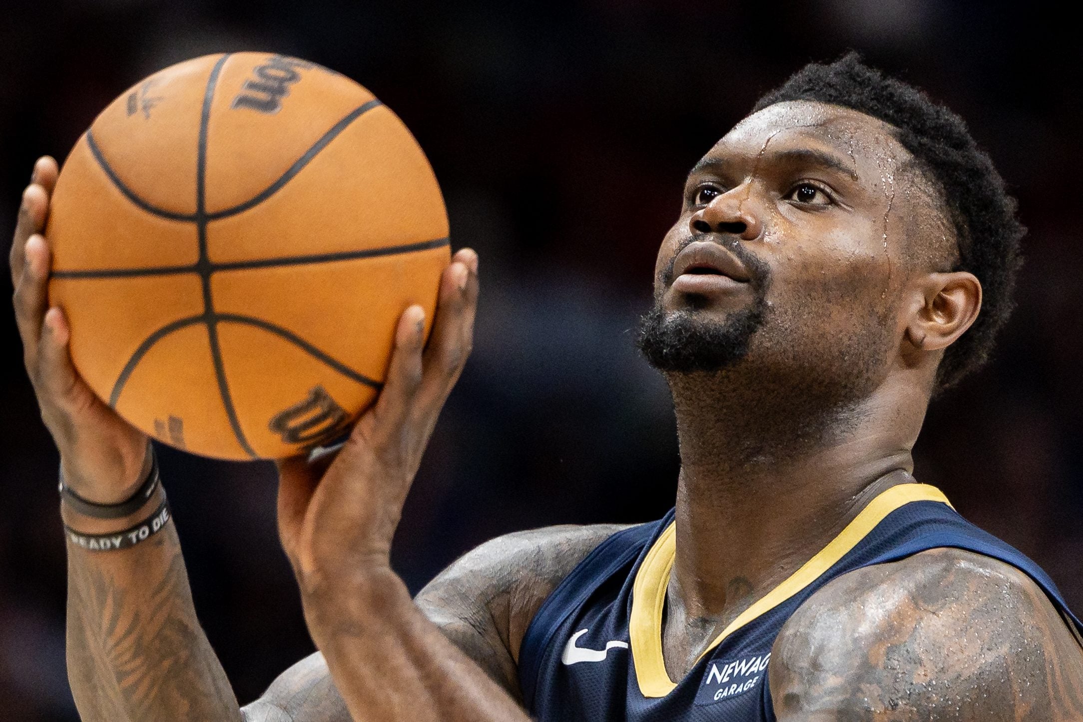 Dec 27, 2025; New Orleans, Louisiana, USA;  New Orleans Pelicans forward Zion Williamson (1) shoots a free throw against the Phoenix Suns against during the second half at Smoothie King Center. Mandatory Credit: Stephen Lew-Imagn Images