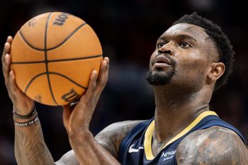 Dec 27, 2025; New Orleans, Louisiana, USA;  New Orleans Pelicans forward Zion Williamson (1) shoots a free throw against the Phoenix Suns against during the second half at Smoothie King Center. Mandatory Credit: Stephen Lew-Imagn Images