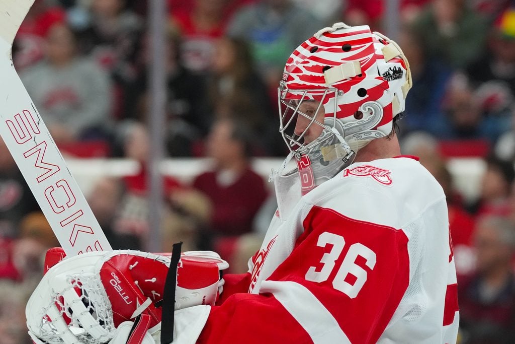 Dec 27, 2025; Raleigh, North Carolina, USA; Detroit Red Wings goaltender John Gibson (36) looks on against the Carolina Hurricanes during the third period at Lenovo Center. Mandatory Credit: James Guillory-Imagn Images