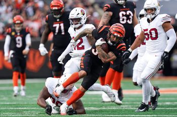 Cincinnati Bengals running back Chase Brown (30) runs the ball in the second quarter of a NFL game between the Cincinnati Bengals and Arizona Cardinals, Sunday, Dec. 28, 2025, at Paycor Stadium in downtown Cincinnati.