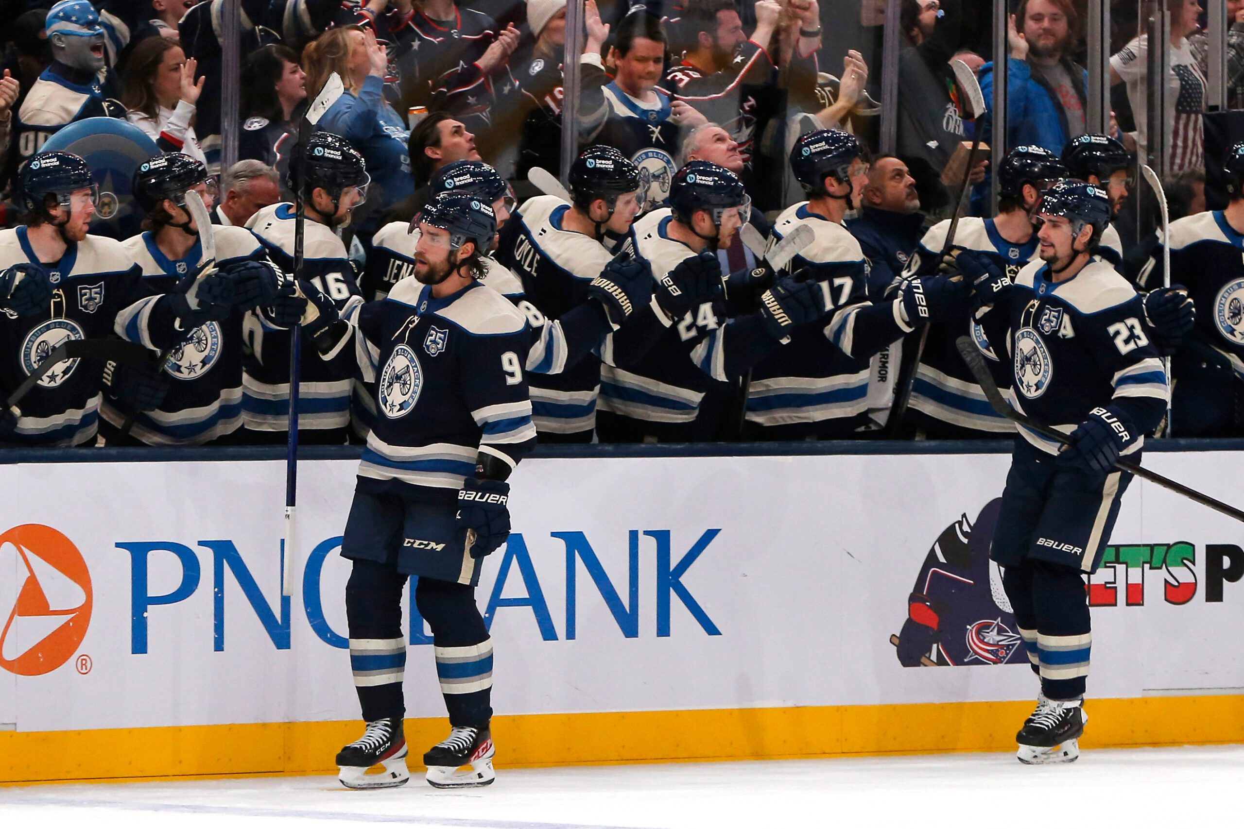 Dec 28, 2025; Columbus, Ohio, USA; Columbus Blue Jackets defenseman Ivan Provorov (9) celebrates scoring a goal against the New York Islanders during the third period at Nationwide Arena. Mandatory Credit: Russell LaBounty-Imagn Images
