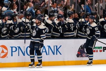Dec 28, 2025; Columbus, Ohio, USA; Columbus Blue Jackets defenseman Ivan Provorov (9) celebrates scoring a goal against the New York Islanders during the third period at Nationwide Arena. Mandatory Credit: Russell LaBounty-Imagn Images