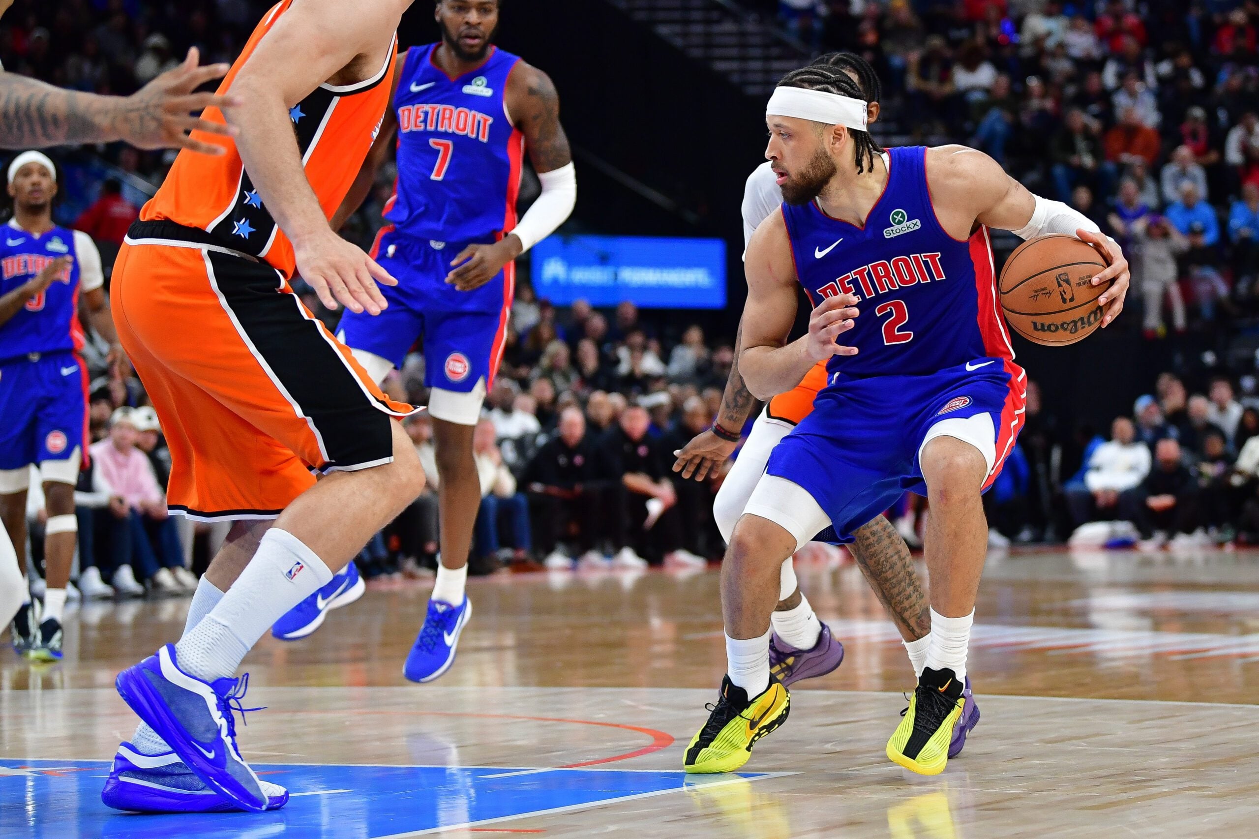 Dec 28, 2025; Inglewood, California, USA; Detroit Pistons guard Cade Cunningham (2) controls the ball against the Los Angeles Clippers during the second half at Intuit Dome. Mandatory Credit: Gary A. Vasquez-Imagn Images