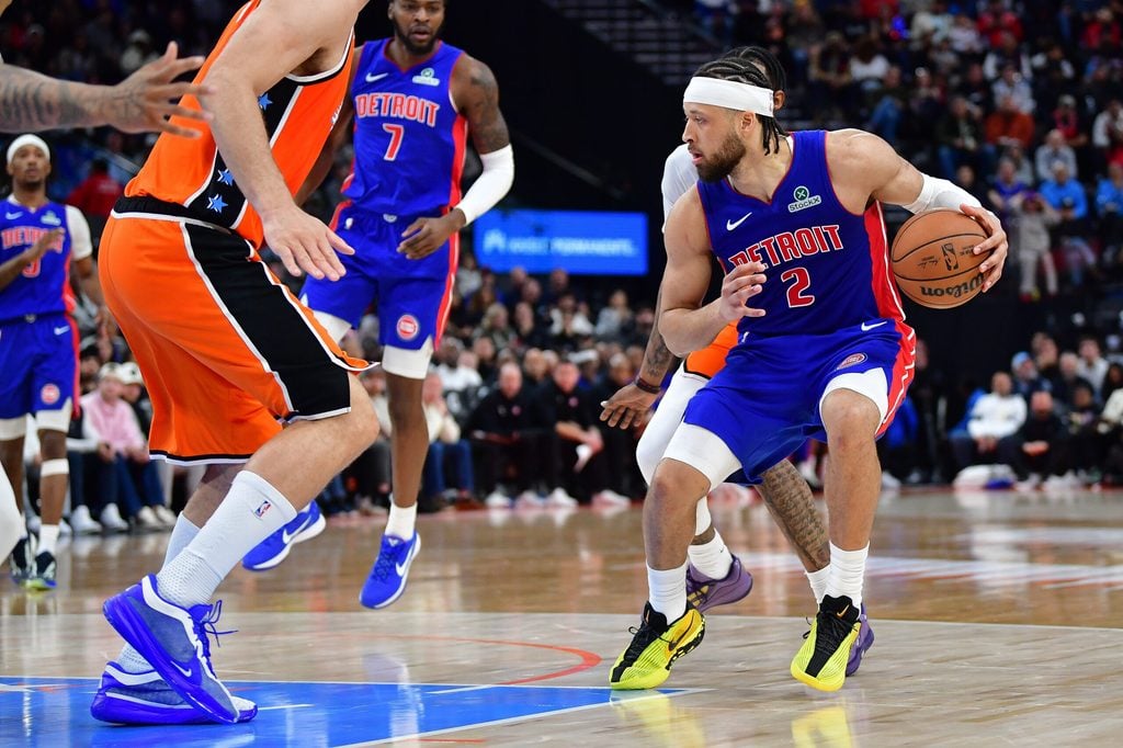 Dec 28, 2025; Inglewood, California, USA; Detroit Pistons guard Cade Cunningham (2) controls the ball against the Los Angeles Clippers during the second half at Intuit Dome. Mandatory Credit: Gary A. Vasquez-Imagn Images
