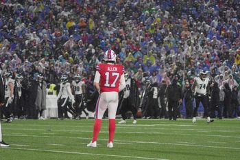 Buffalo Bills quarterback Josh Allen waits on the field to see if the officials will call the play an incomplete pass or a fumble during first half action against the Philadelphia Eagles at Highmark Stadium in Orchard Park on Dec. 28, 2025. It was called a fumble.