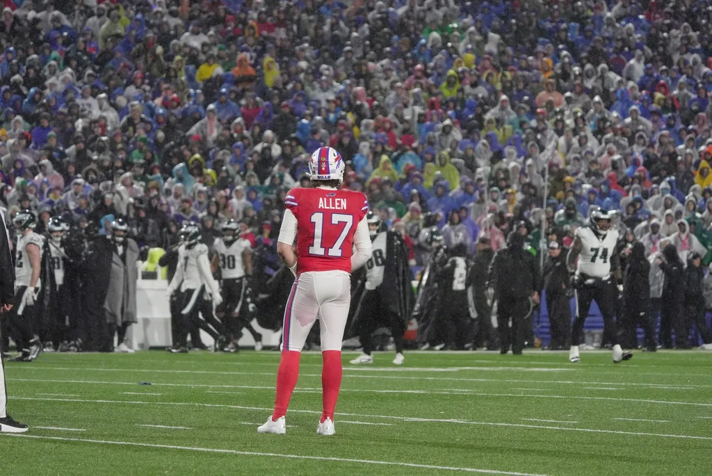 Buffalo Bills quarterback Josh Allen waits on the field to see if the officials will call the play an incomplete pass or a fumble during first half action against the Philadelphia Eagles at Highmark Stadium in Orchard Park on Dec. 28, 2025. It was called a fumble.