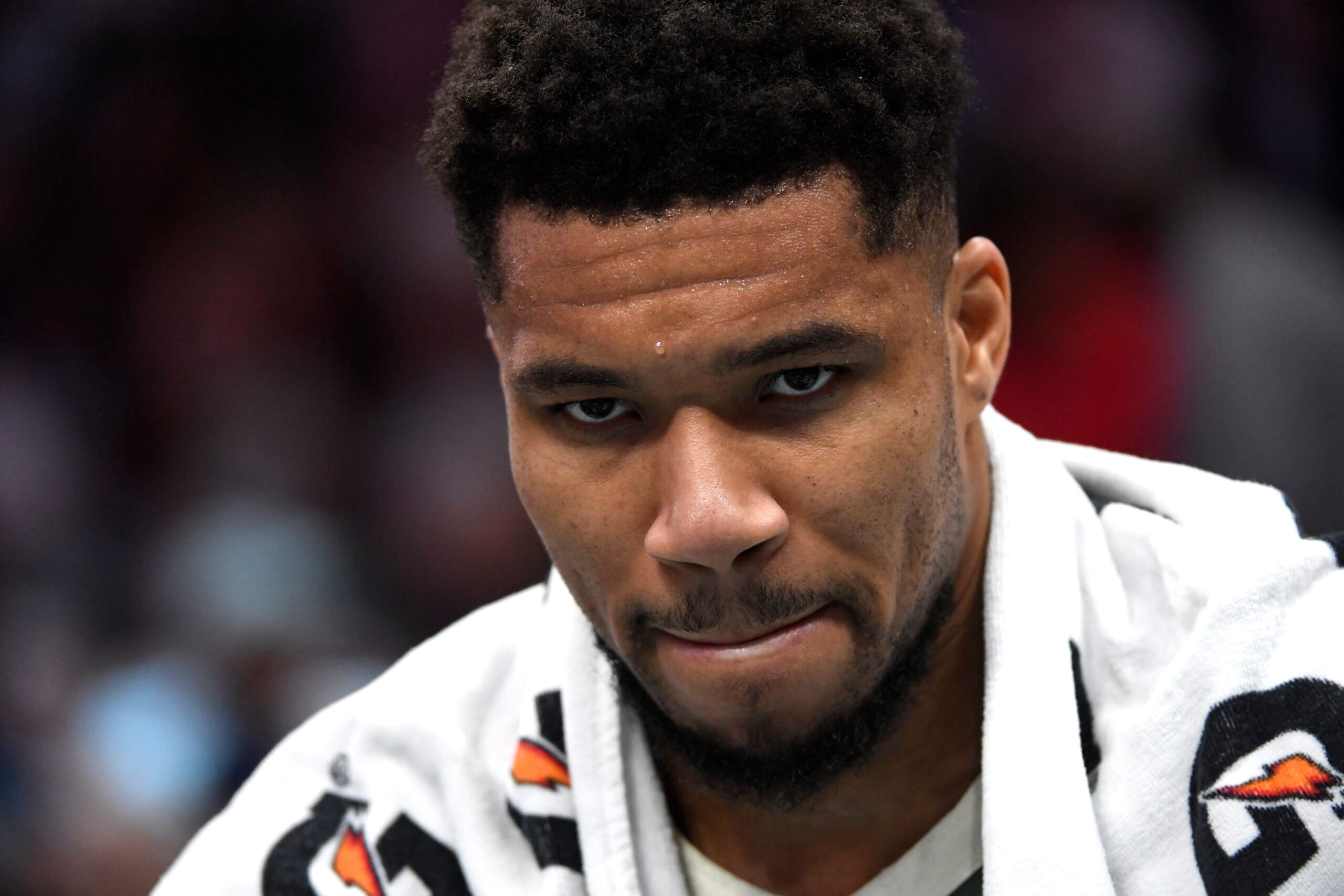 Dec 29, 2025; Charlotte, North Carolina, USA; Milwaukee Bucks forward Giannis Antetokounmpo (34) in a time out during the second half against the Charlotte Hornets at the Spectrum Center. Mandatory Credit: Sam Sharpe-Imagn Images