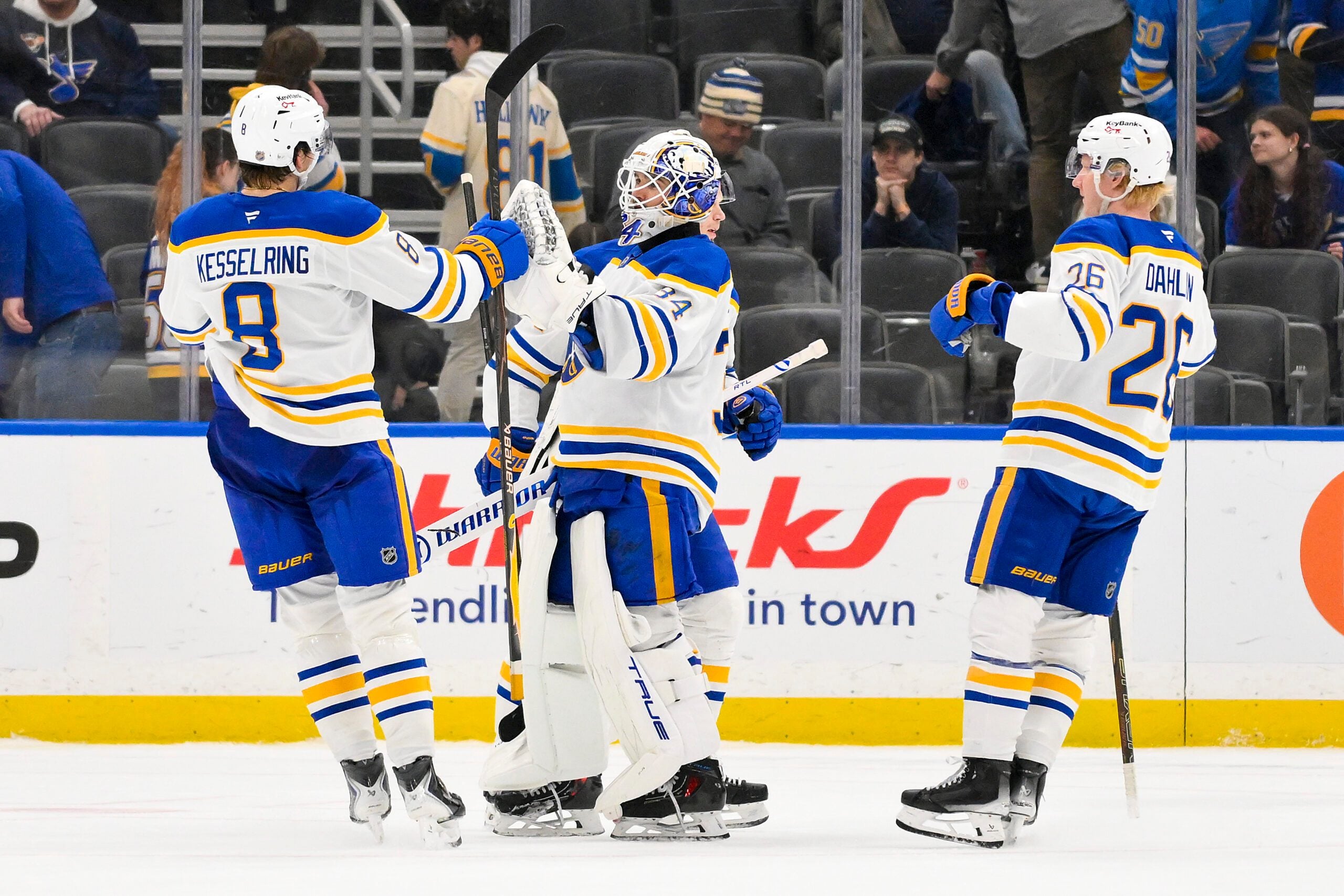 Dec 29, 2025; St. Louis, Missouri, USA; Buffalo Sabres goaltender Alex Lyon (34) celebrates with defenseman Michael Kesselring (8) and defenseman Rasmus Dahlin (26) after the Sabres defeated the St. Louis Blues at Enterprise Center. Mandatory Credit: Jeff Curry-Imagn Images