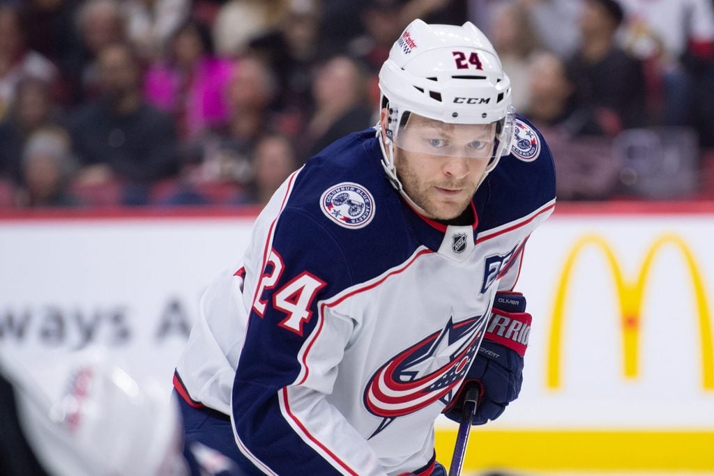 Dec 29, 2025; Ottawa, Ontario, CAN; Columbus Blue Jackets right wing Mathieu Olivier (24) gets in position for a faceoff in the second period against the Ottawa Senators at the Canadian Tire Centre. Mandatory Credit: Marc DesRosiers-IMAGN Images