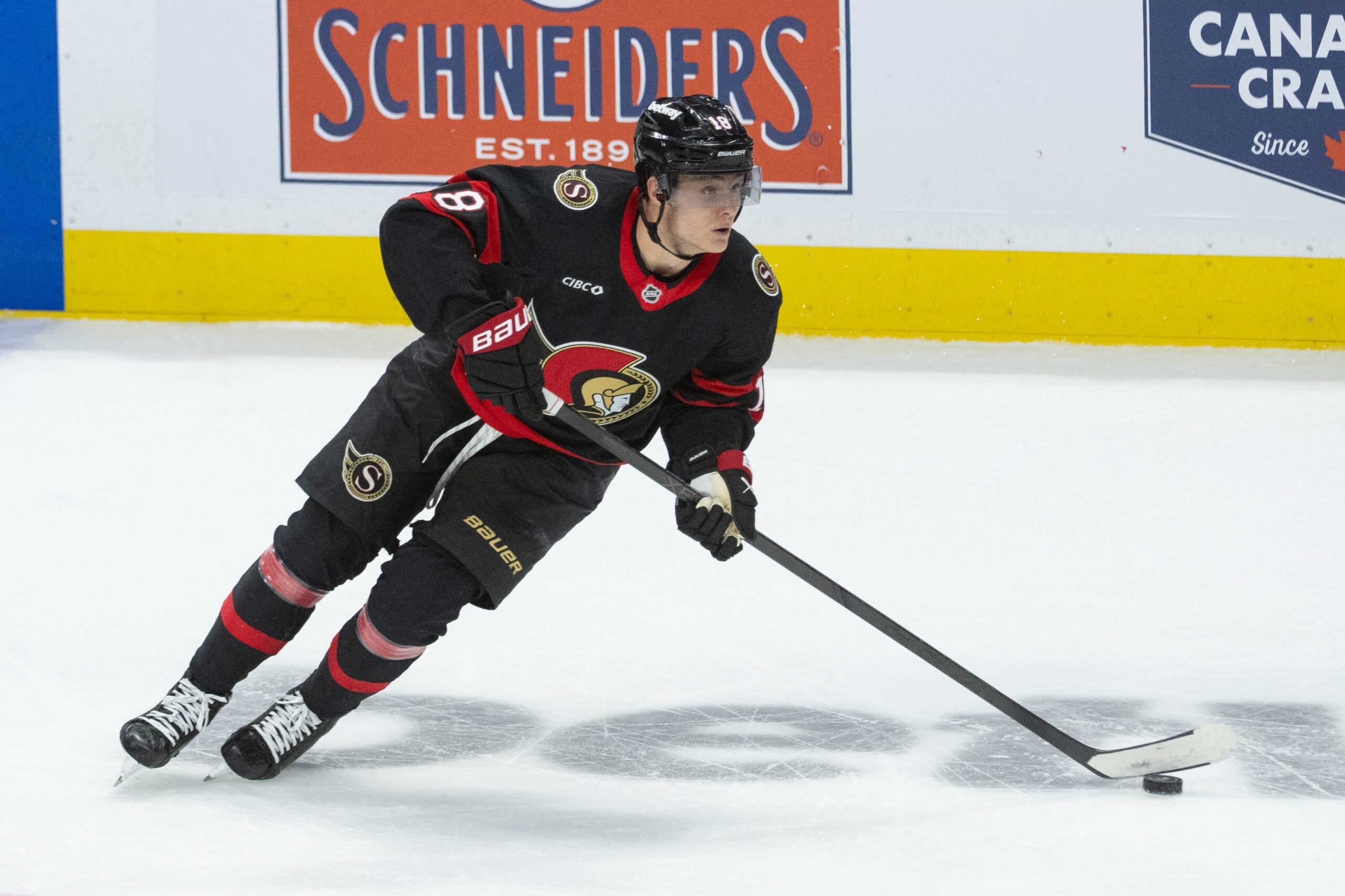 Dec 29, 2025; Ottawa, Ontario, CAN; Ottawa Senators center Tim Stutzle (18) skates with the puck in the third period againstthe Columbus Blue Jackets  at the Canadian Tire Centre. Mandatory Credit: Marc DesRosiers-IMAGN Images