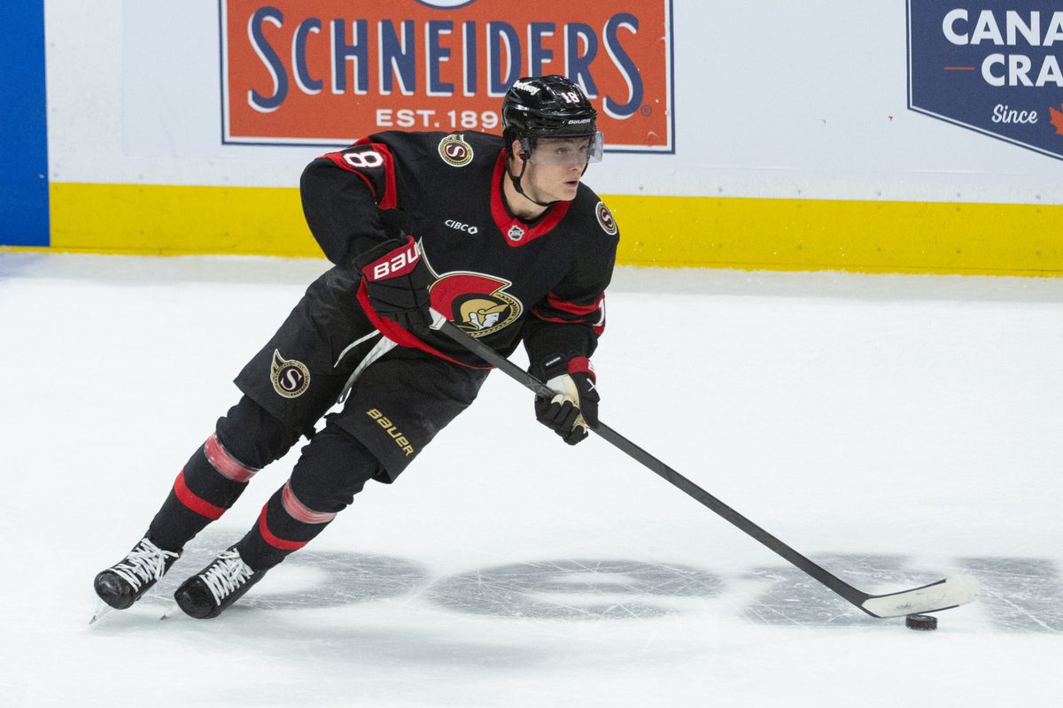 Dec 29, 2025; Ottawa, Ontario, CAN; Ottawa Senators center Tim Stutzle (18) skates with the puck in the third period againstthe Columbus Blue Jackets at the Canadian Tire Centre. Mandatory Credit: Marc DesRosiers-IMAGN Images