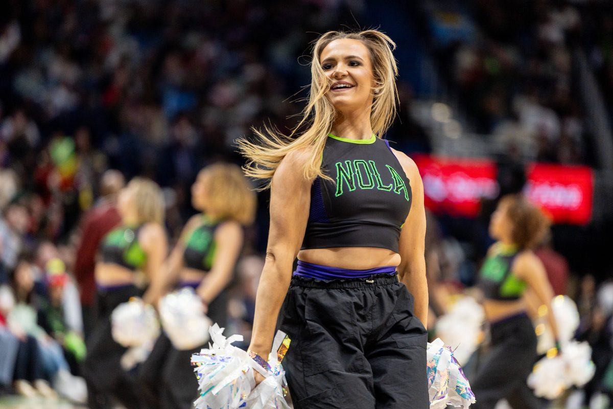 Dec 29, 2025; New Orleans, Louisiana, USA;  New Orleans Pelicans PelSquard entertains the fans on a time out against the New York Knicks during the second half at Smoothie King Center. Mandatory Credit: Stephen Lew-Imagn Images